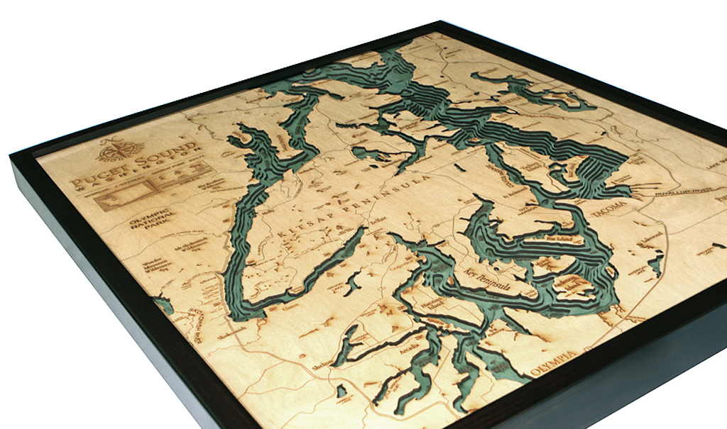 Puget Sound, Washington 3-D Nautical Wood Chart, 24.5 x 31